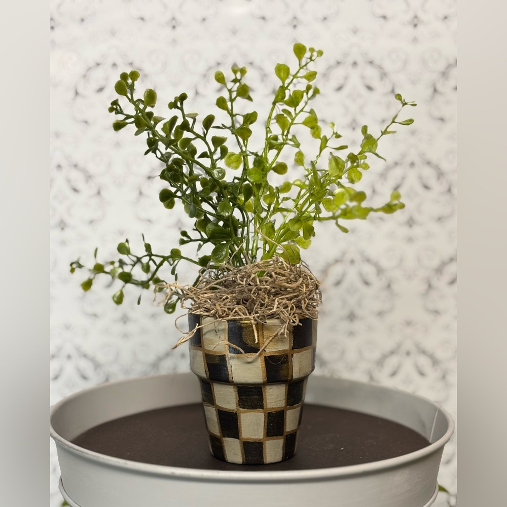 Hand-painted 3” pot with greenery-pale green